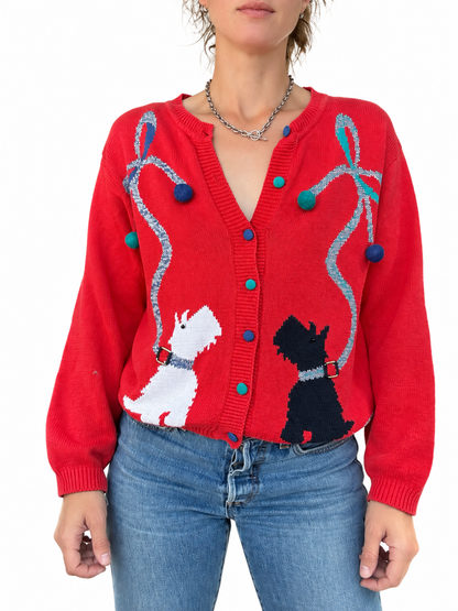 Gilet vintage rouge motifs chiens