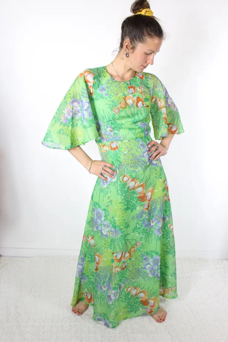 Robe longue vintage années 70 verte à fleurs - la friperie vintage 25