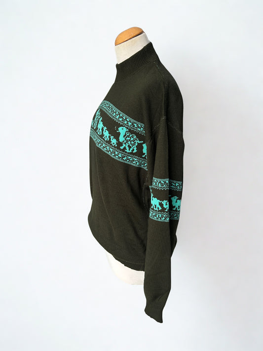 Pull vintage col montant motif frise turquoise – Fabriqué en France – L/XL