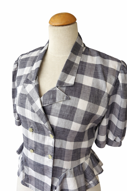 Blouse vintage à carreaux gris et blanc