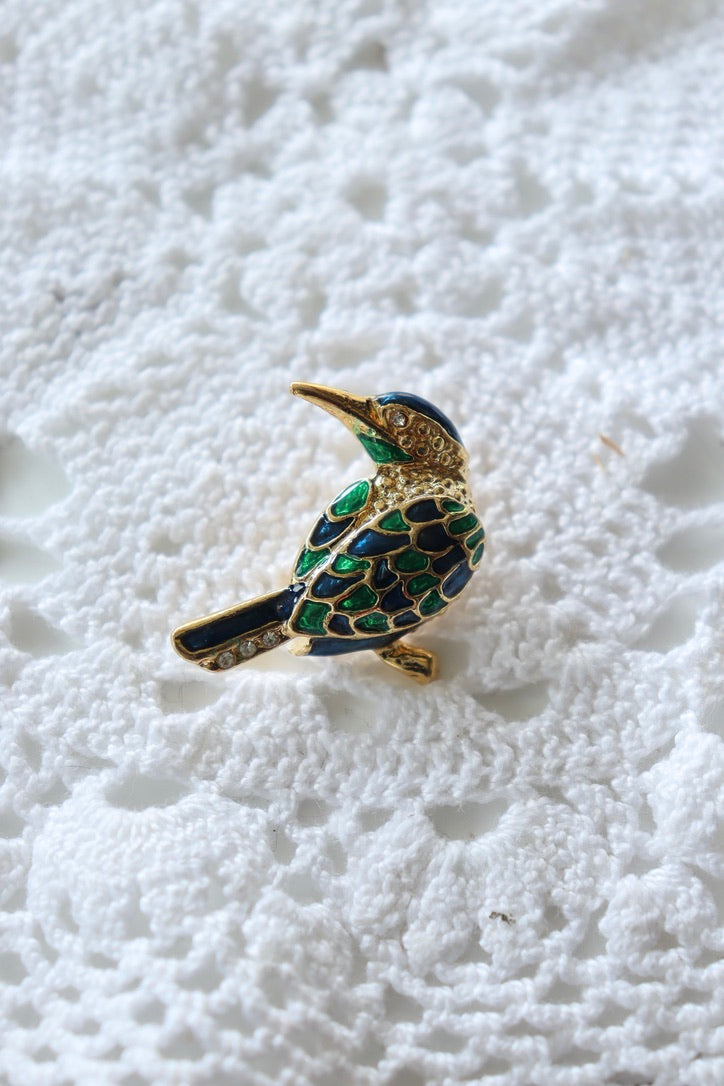 Broche vintage oiseau émaillé vert bleu la friperie vintage 25