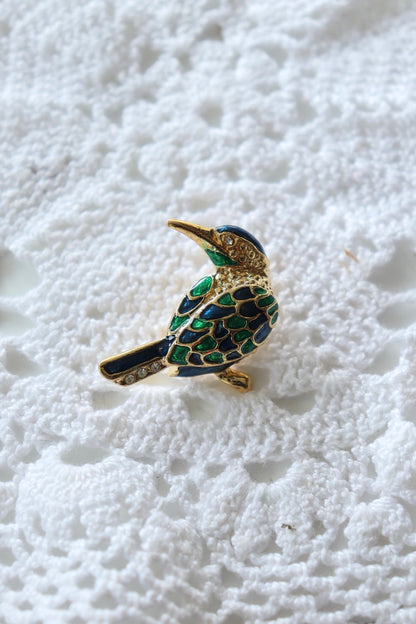 Broche vintage oiseau émaillé vert bleu la friperie vintage 25