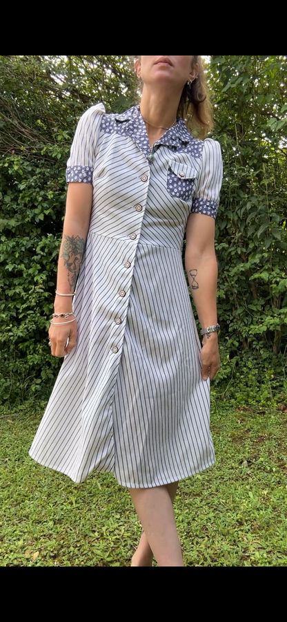 Robe vintage rayée fleurie bleu