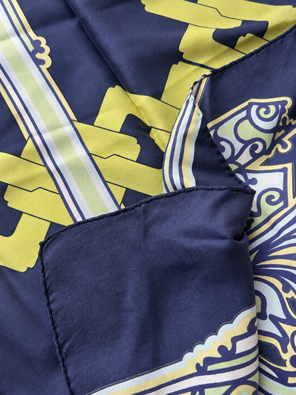 Foulard vintage soie Claude Boissy bleu jaune