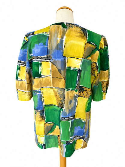 Chemisier vintage imprimé abstrait vert jaune