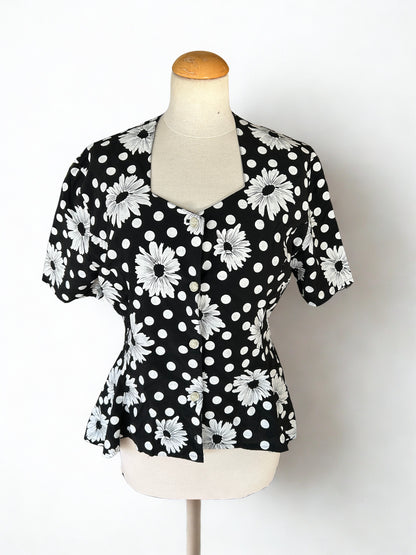 Blouse vintage pour symétrique noire à pois blanc