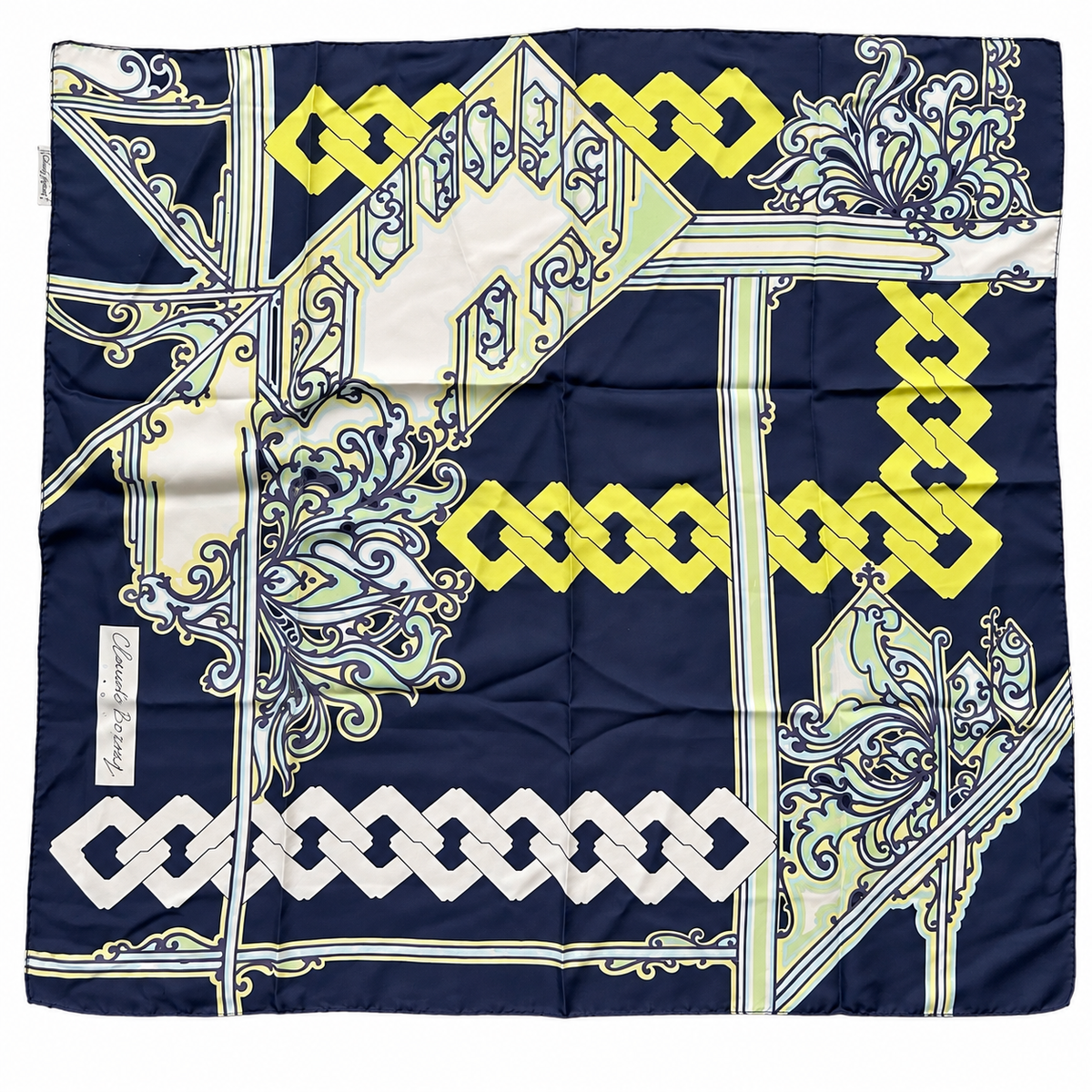 Foulard vintage soie Claude Boissy bleu jaune