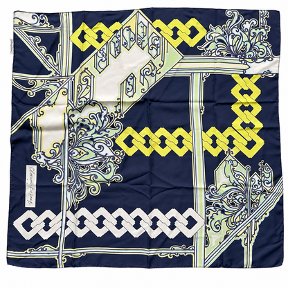 Foulard vintage soie Claude Boissy bleu jaune
