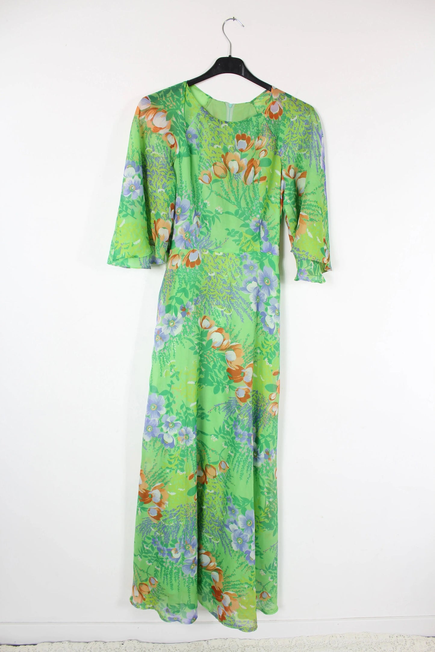 Robe longue vintage années 70 verte à fleurs - la friperie vintage 25