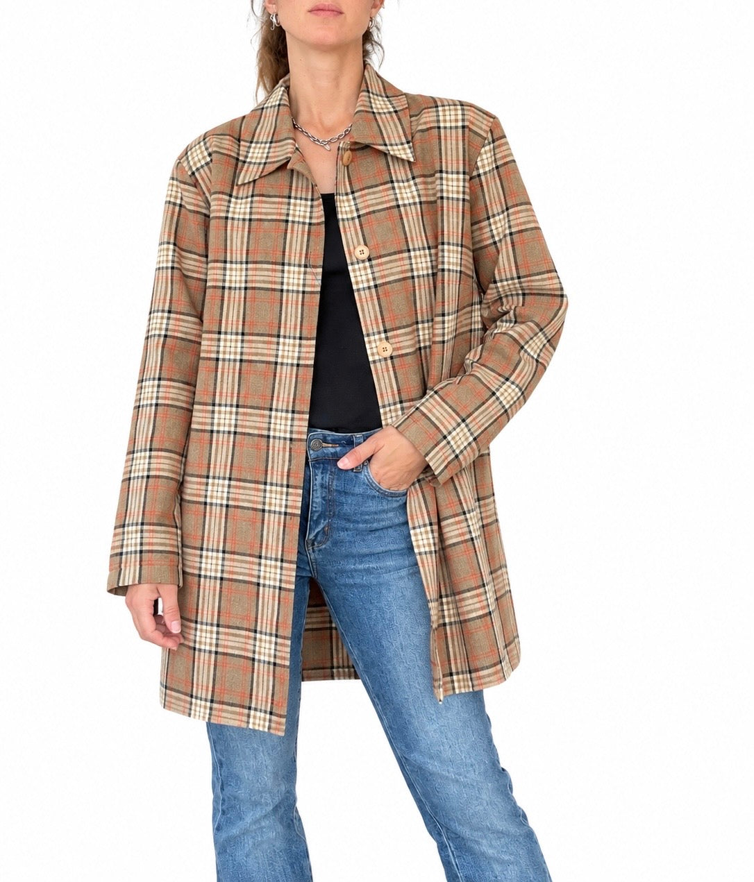 Veste longue carreaux vintage marron