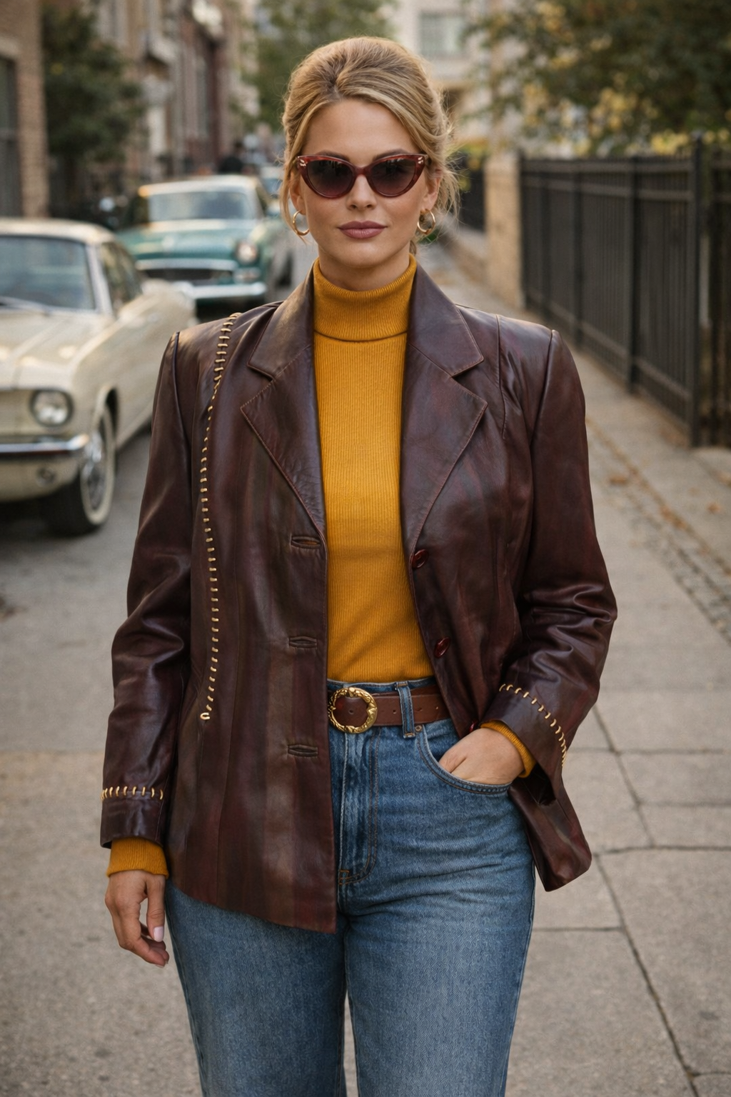 Veste en cuir vintage bordeaux à reflets