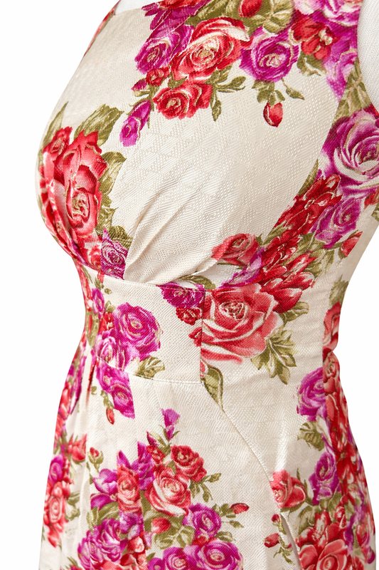 Robe vintage en soie fleurs rose et paillettes