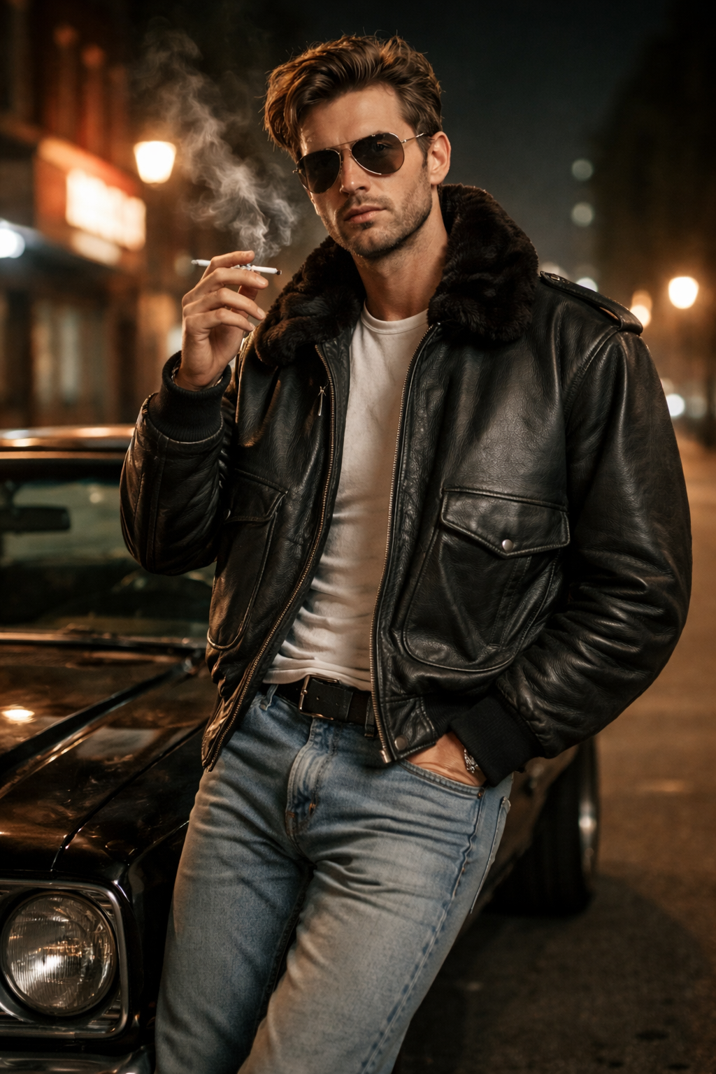 Blouson aviateur vintage cuir noir doublure amovible