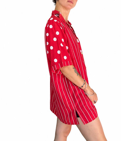 Chemisier vintage rouge à rayures et pois