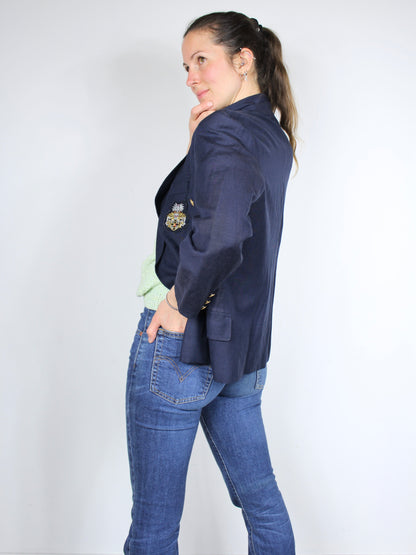 Veste vintage bleu marine à écusson mi saison lin la friperie vintage 25