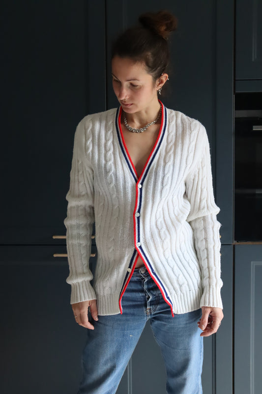 Cardigan vintage blanc rayures rouge bleu la friperie vintage 25