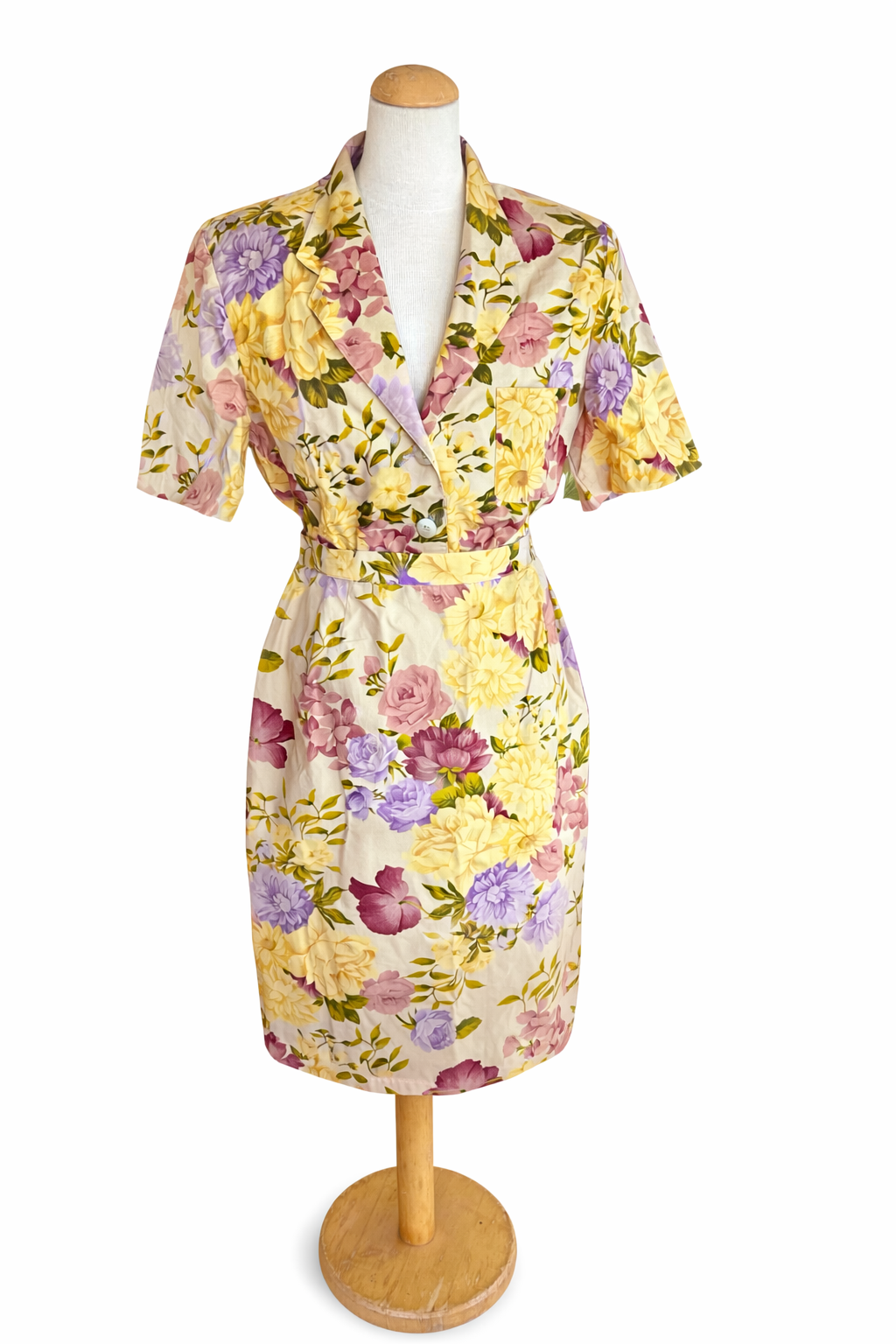 Tailleur vintage Gérard Darel – Ensemble jupe & chemisier fleuri pastel 100% coton – Taille 44