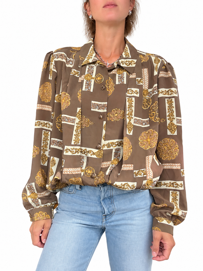 Blouse vintage imprimé baroque marron