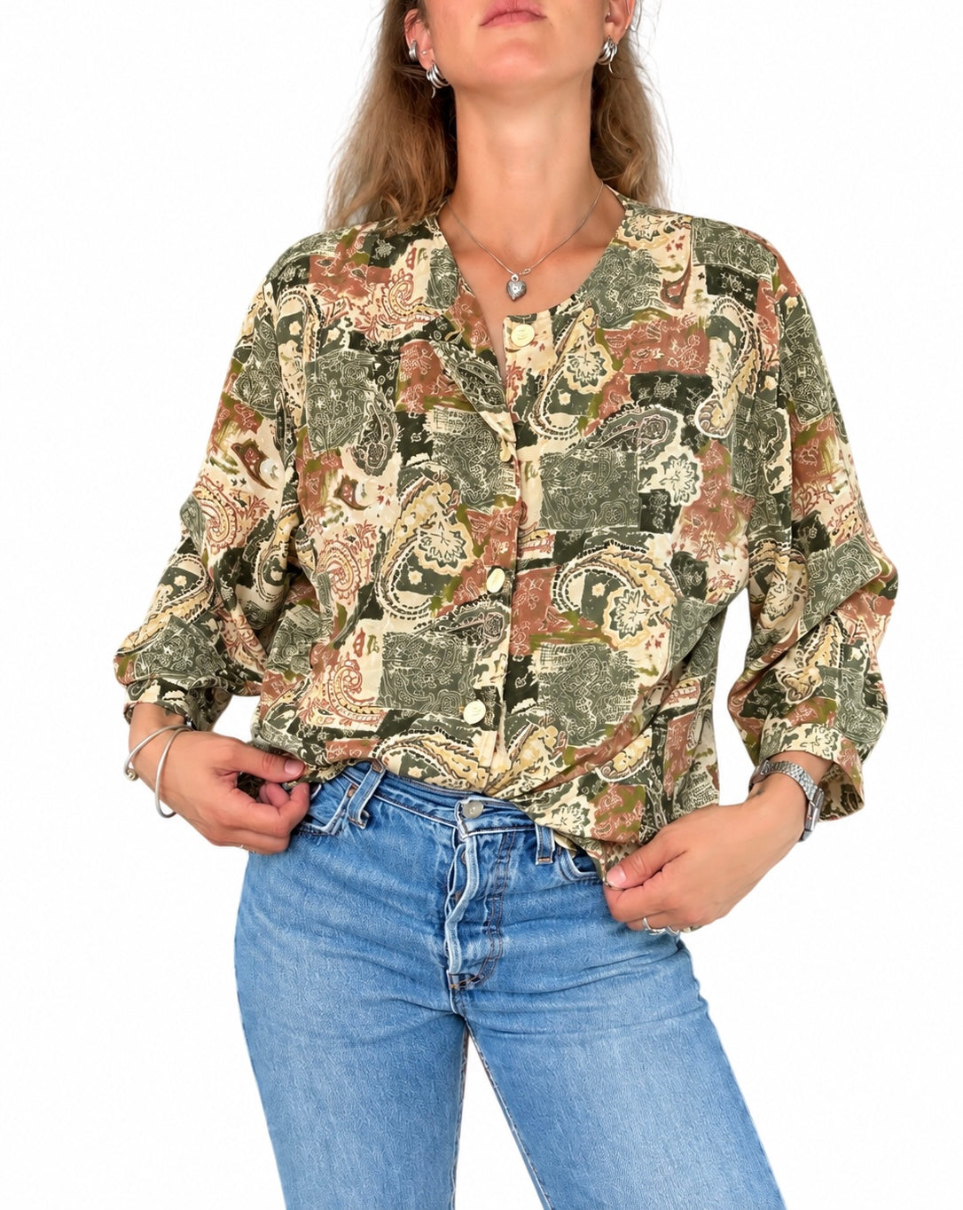 Chemisier vintage motifs cachemire kaki