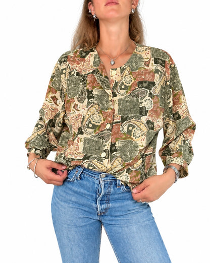 Chemisier vintage motifs cachemire kaki