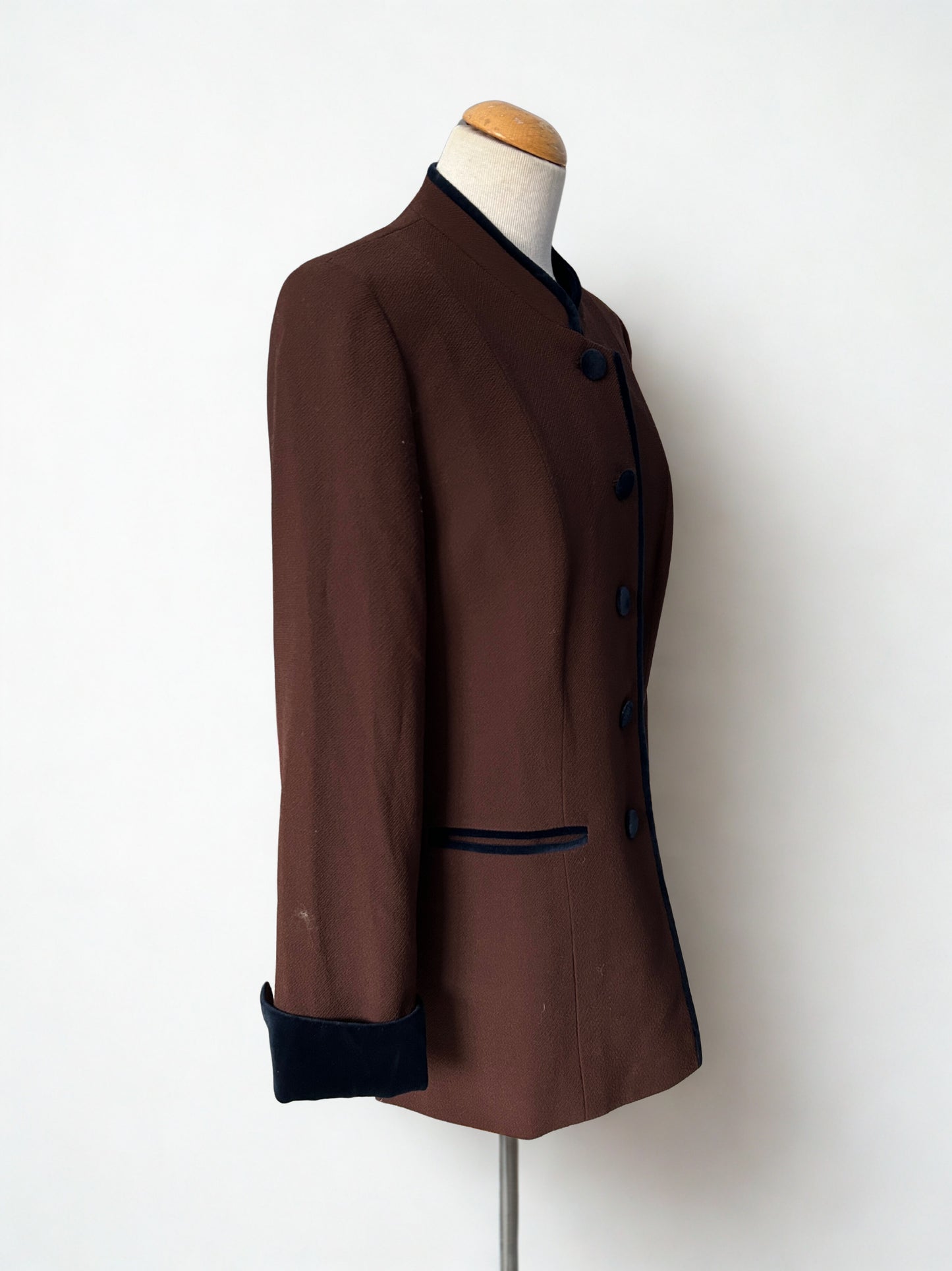 Veste vintage en laine marron à col officier – Made in France (années 80/90)