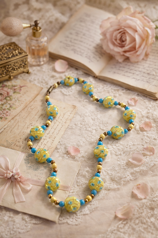 Collier vintage en verre bleu jaune