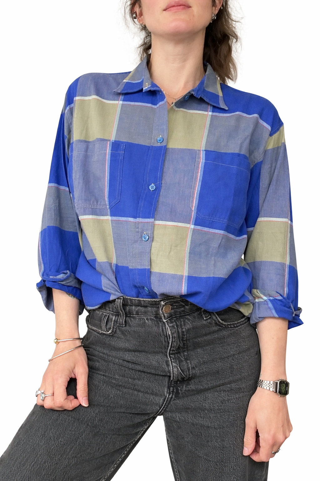Chemise vintage à carreaux bleu kaki