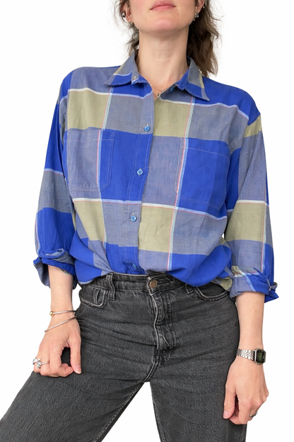Chemise vintage à carreaux bleu kaki