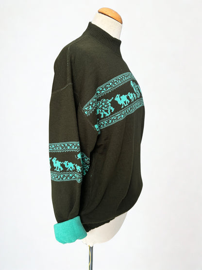 Pull vintage col montant motif frise turquoise – Fabriqué en France – L/XL