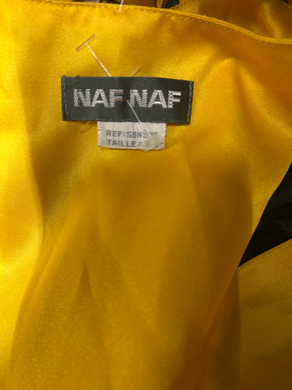 Gilet vintage Naf Naf en velours jaune fleuri – dos réglable – Taille S