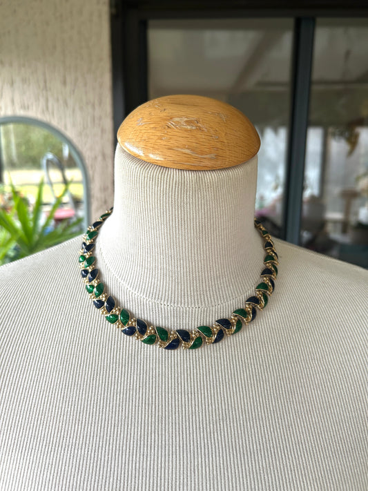 Collier vintage émaillé vert bleu maillons feuilles