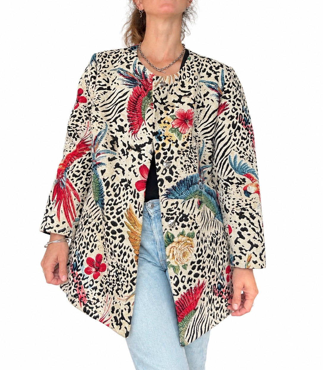Veste tapisserie motif animalier et fleuri vintage