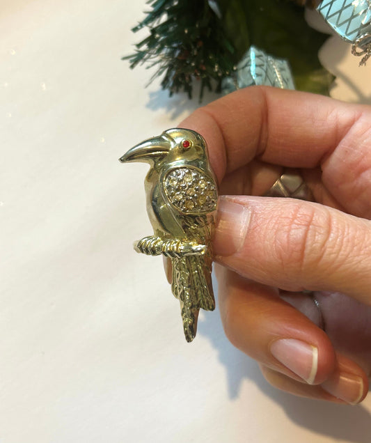 Broche oiseau doré strass vintage la friperie vintage 25