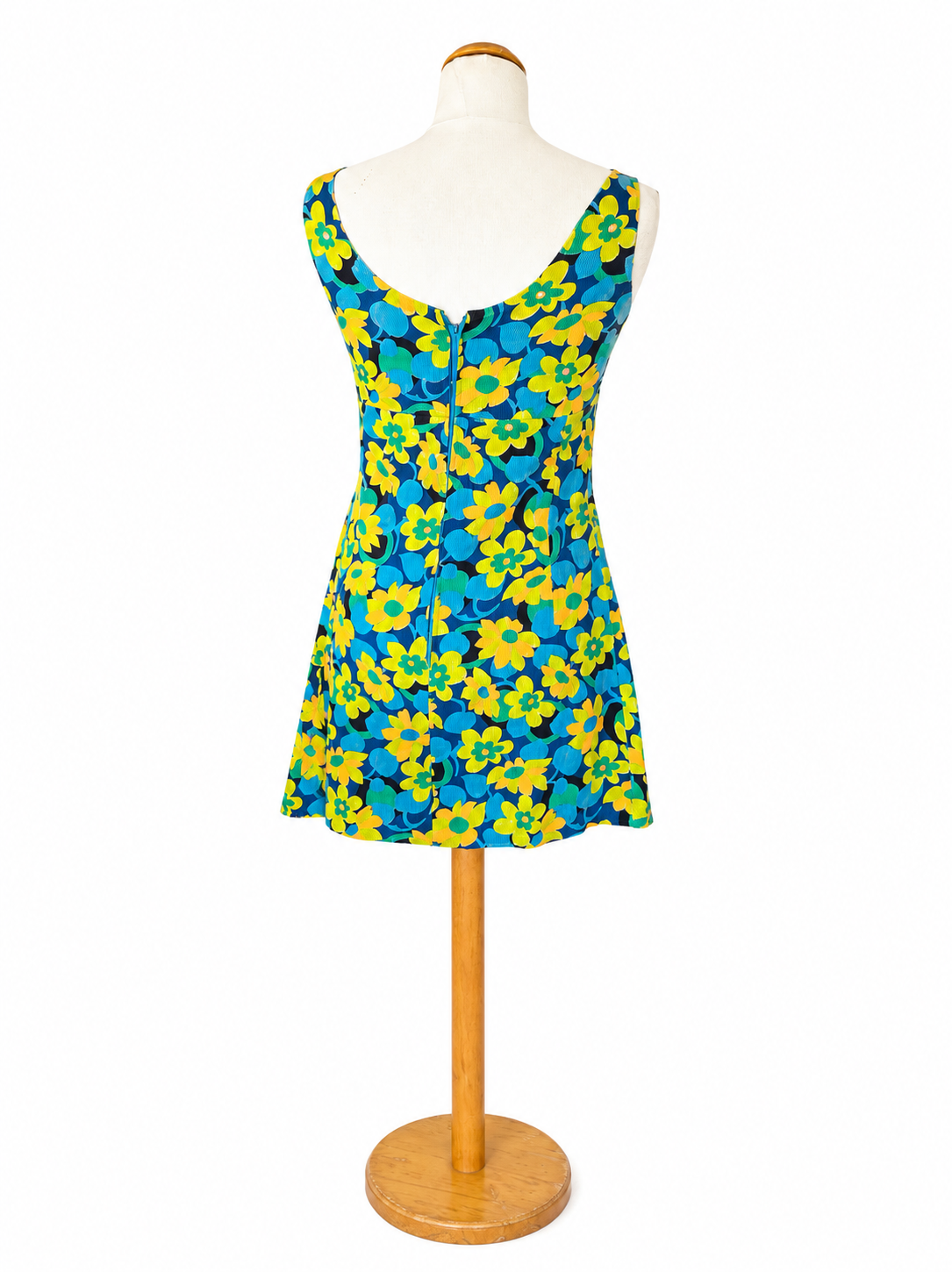 Robe rétro 70 fleurs bleues et jaune