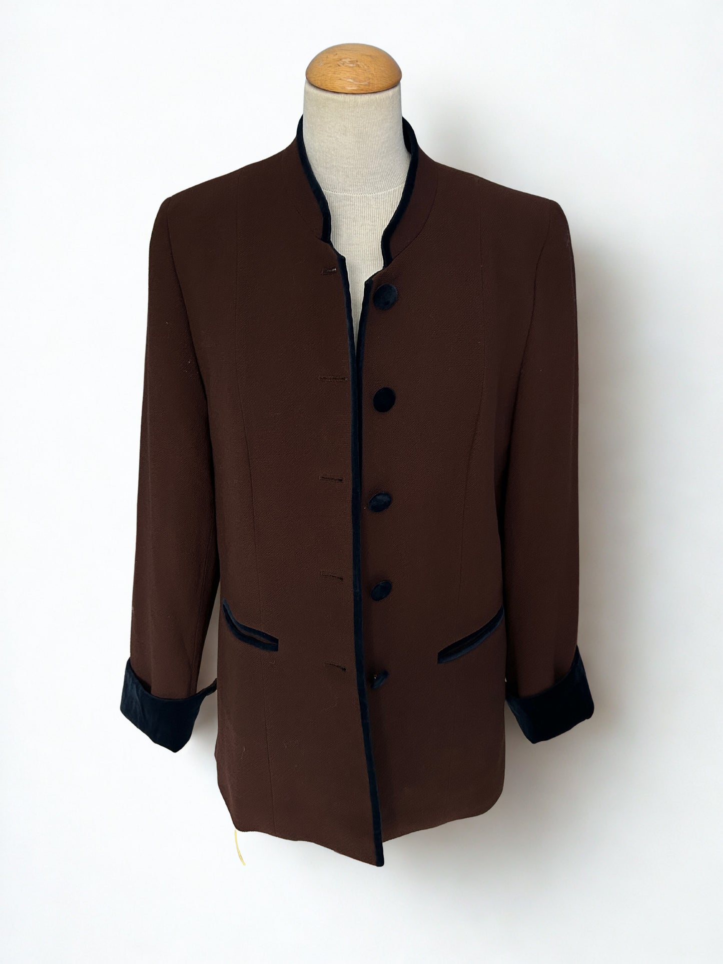 Veste vintage en laine marron à col officier – Made in France (années 80/90)