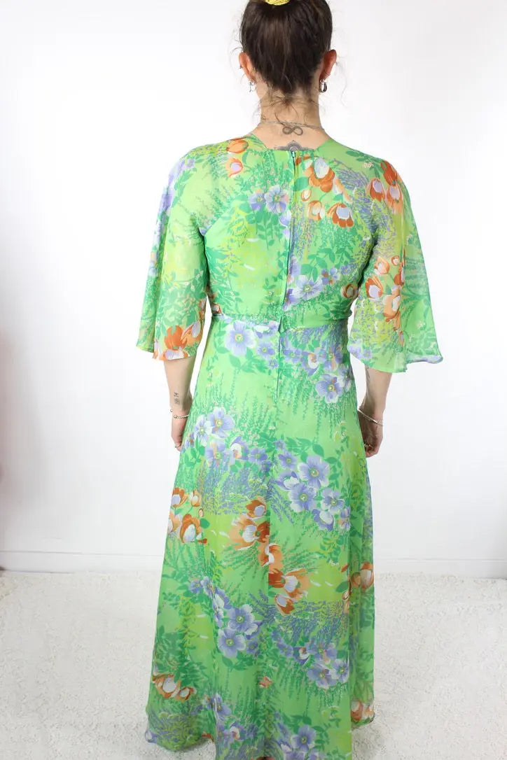 Robe longue vintage années 70 verte à fleurs - la friperie vintage 25