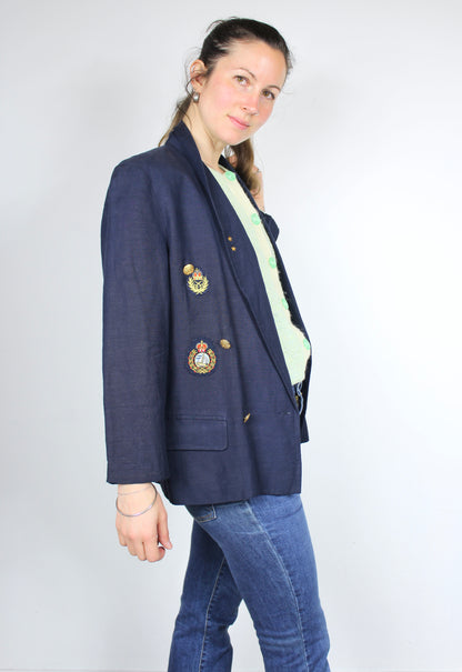 Veste vintage bleu marine à écusson mi saison lin la friperie vintage 25