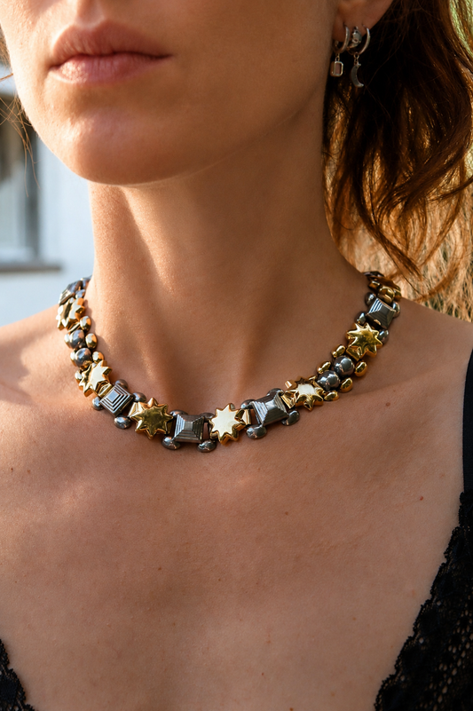 Collier vintage bicolore motifs étoilés