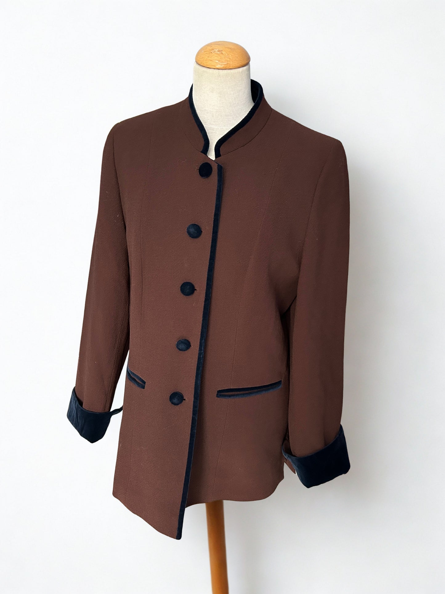 Veste vintage en laine marron à col officier – Made in France (années 80/90)
