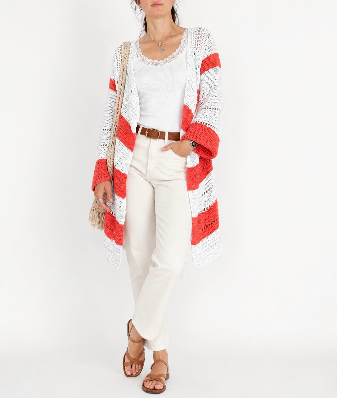 Gilet long en crochet orange blanc
