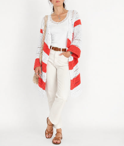 Gilet long en crochet orange blanc