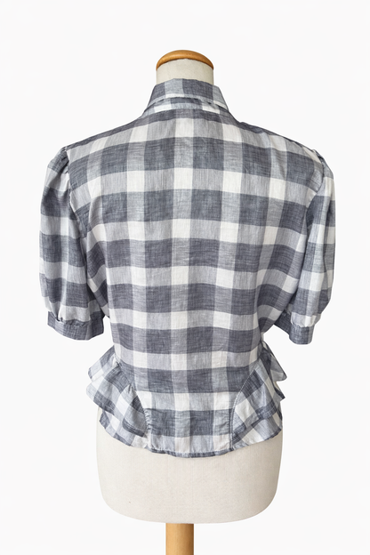 Blouse vintage à carreaux gris et blanc