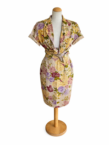 Tailleur vintage Gérard Darel – Ensemble jupe & chemisier fleuri pastel 100% coton – Taille 44