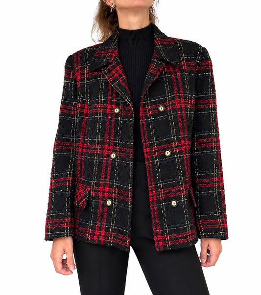 Veste vintage à carreaux tweed rouge noir