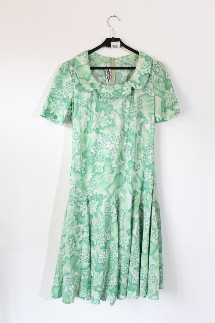 Robe vintage années 70 verte à motifs la friperie vintage 25