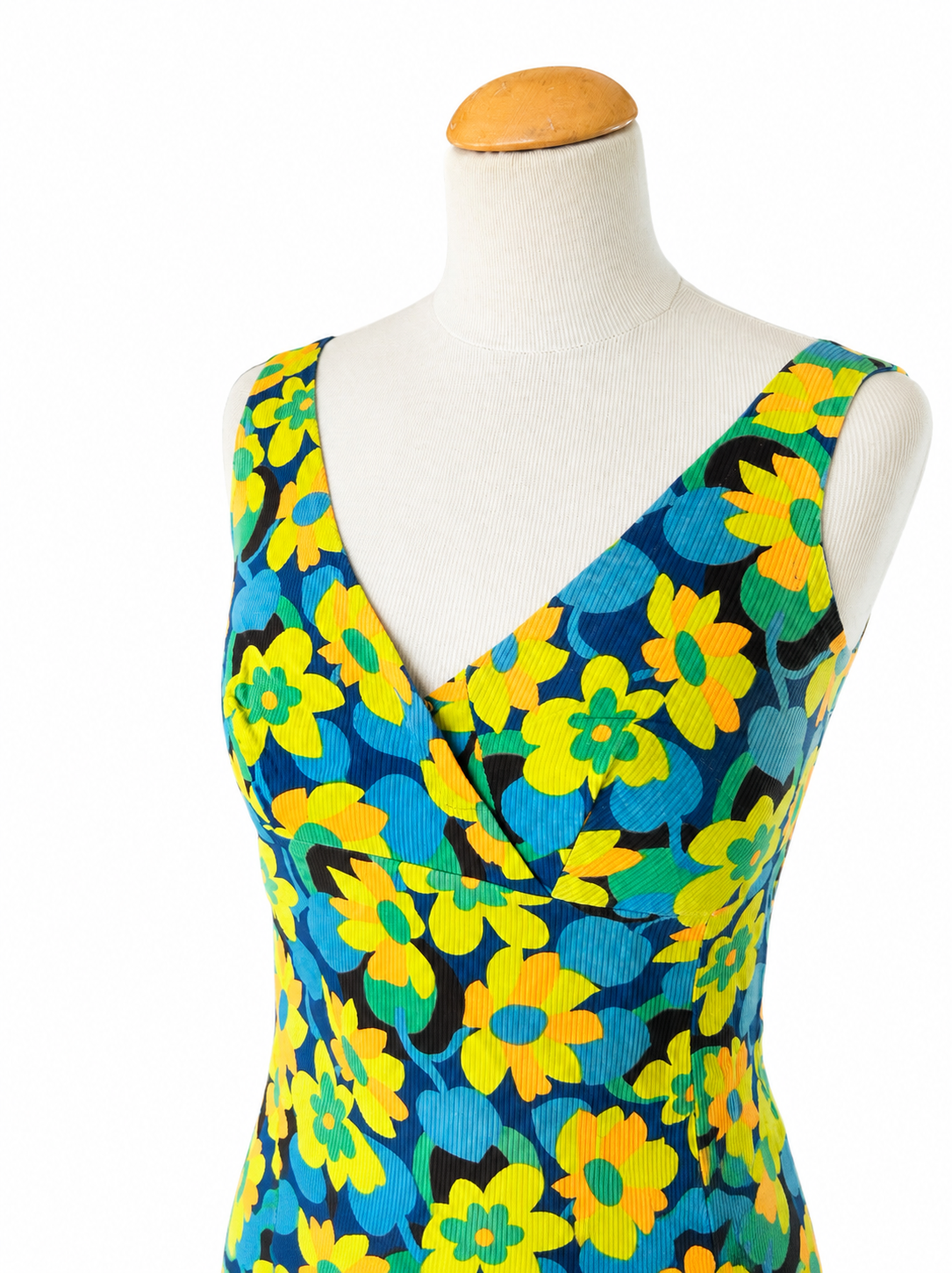 Robe rétro 70 fleurs bleues et jaune