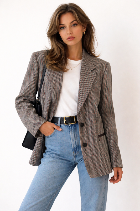 Blazer vintage laine pied de poule marron
