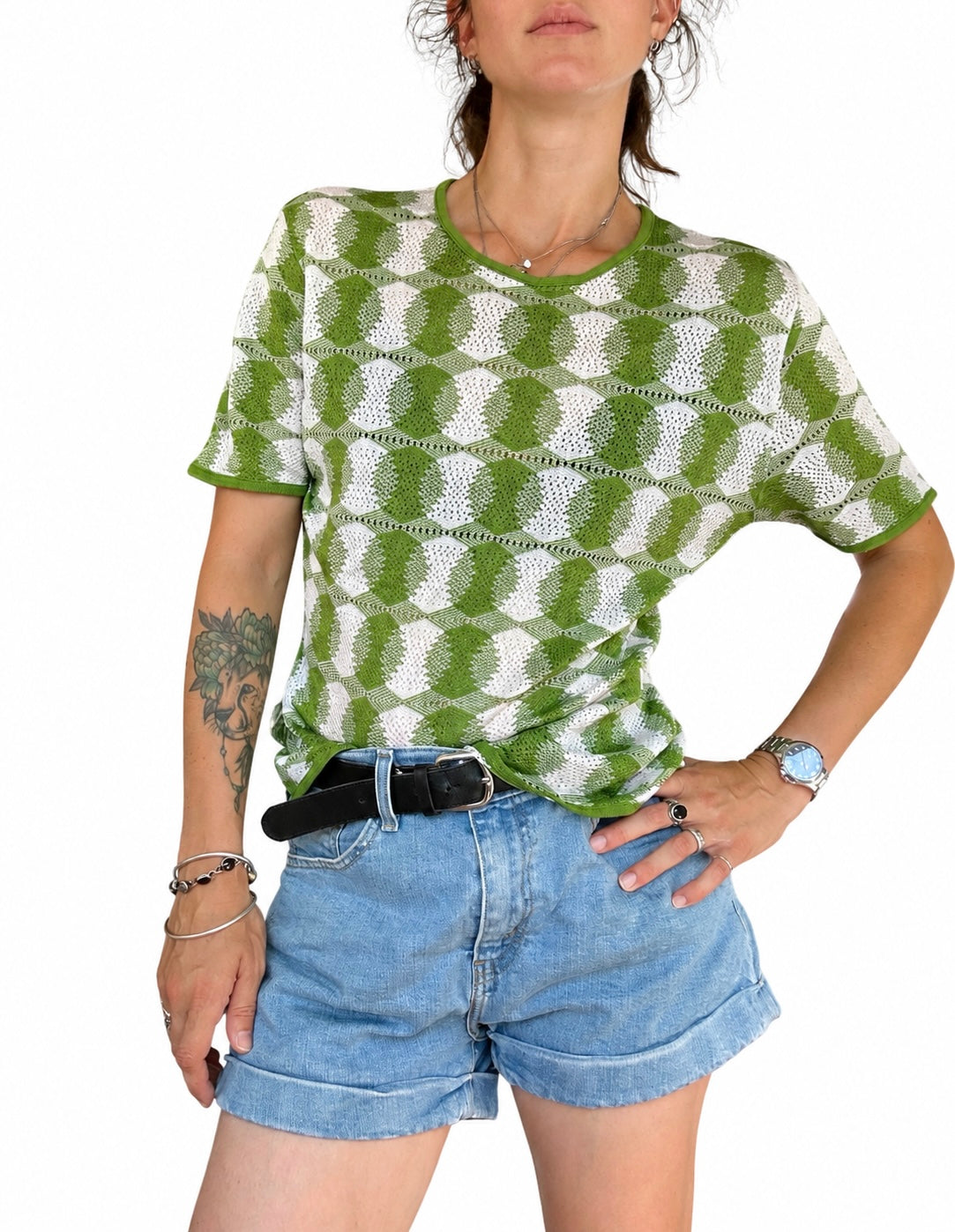 Haut vintage maille ajourée vert blanc70