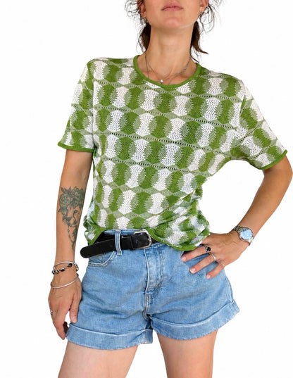 Haut vintage maille ajourée vert blanc70