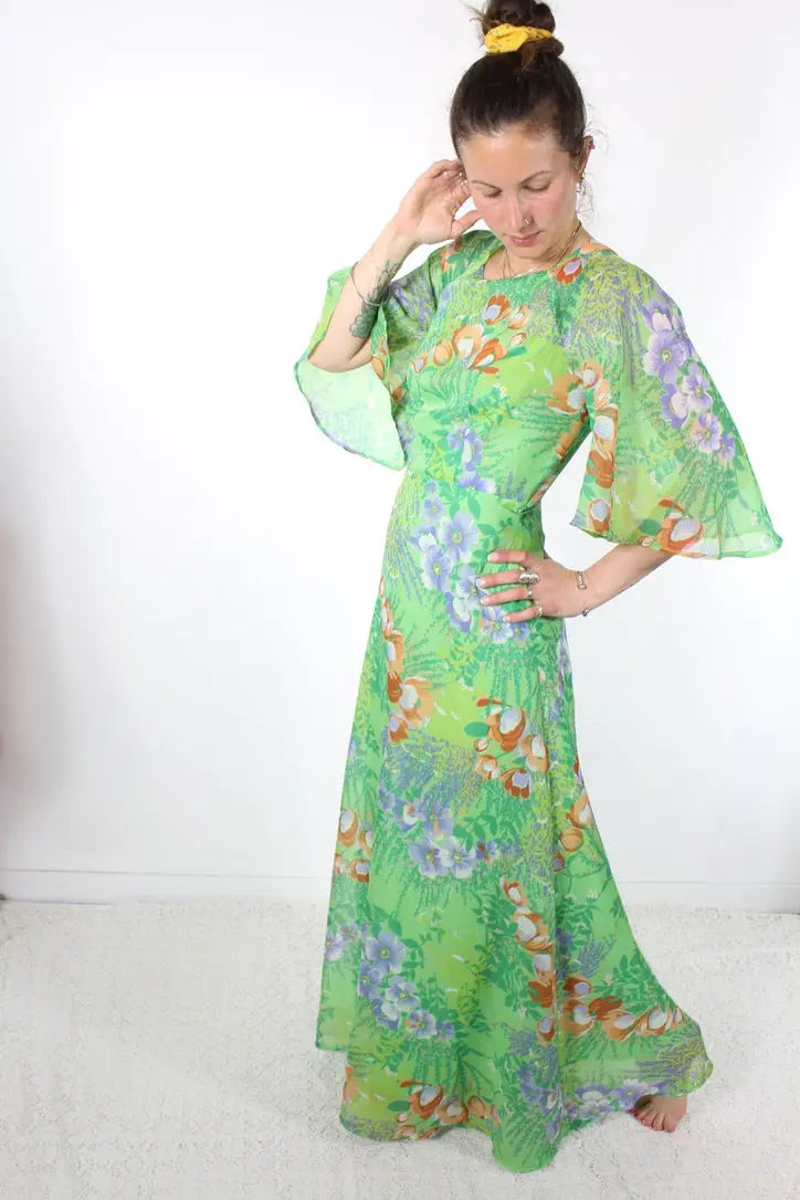 Robe longue vintage années 70 verte à fleurs - la friperie vintage 25